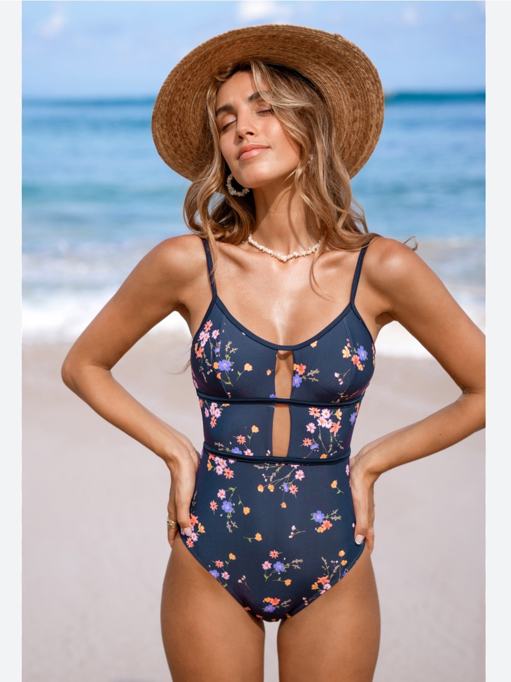 Cupshe Navy Floral Scoop Cutout One-Piece Swimsuit with Pink & Orange Blossoms